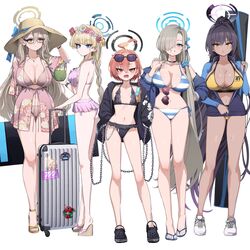  5girls absurdres ahoge akane_(blue_archive) alternate_costume alternate_hairstyle antenna_hair ass asuna_(blue_archive) asymmetrical_bangs bag bare_legs bikini bikini_skirt black-framed_eyewear black_bikini black_choker black_footwear black_hair blonde_hair blue_archive blue_bikini blue_eyes blue_jacket blue_nails blue_ribbon blush braid braided_ponytail breasts chains choker cleaning_&amp;_clearing_(blue_archive) cleavage closed_mouth coconut_cup collarbone commentary_request crocs dark-skinned_female dark_skin dress drinking_straw earrings expressionless eyewear_on_head feet flip-flops flower frilled_bikini frills full_body glasses grey_hair hair_between_eyes hair_ornament hair_over_one_eye hair_ribbon hair_scrunchie halo hand_on_own_hip hand_up hands_in_pockets hat head_wreath high_ponytail highres holding holding_bag huge_ahoge huge_breasts jacket jewelry karin_(blue_archive) large_breasts legs light_brown_hair long_hair long_sleeves looking_at_viewer looking_to_the_side medium_breasts midriff mole mole_under_eye multiple_girls nail_polish navel neru_(blue_archive) neru_(swimsuit)_(blue_archive) off_shoulder open_clothes open_jacket open_mouth orange_hair parted_bangs partially_unzipped pink_bikini pink_dress pink_flower pizzasi ponytail red_eyes red_flower ribbon sandals scrunchie shadow shiny_skin shoes side-tie_bikini_bottom sidelocks simple_background single_braid small_breasts smile sneakers standing stomach straight_hair straw_hat striped_bikini striped_clothes stud_earrings suitcase sukajan sunglasses sweatdrop swimsuit thighs toenail_polish toenails toes toki_(blue_archive) very_long_hair visor_cap white_background white_bikini white_flower 