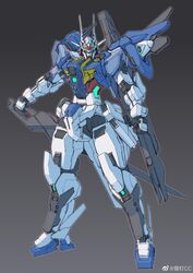  absurdres blue_eyes chinese_commentary clenched_hands commentary gn_drive grey_background gundam gundam_00_sky gundam_build_divers highres holding holding_sword holding_weapon looking_at_viewer mecha no_humans redesign robot science_fiction sheath solo standing sword unsheathing v-fin weapon ztb0000 