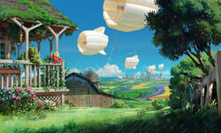  balloon barn bicycle bicycle_basket blue_sky building bush cloud commentary daniel_clarke day dome english_commentary fence flower grass hanging_plant house landscape no_humans original outdoors pink_flower plain plant porch potted_plant rose rural scenery sky skyline sunlight tree very_wide_shot wind_chime wind_turbine wooden_fence yellow_flower 