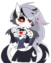  artist bottomwear canid canid_demon canine clothing collar demon female gesture hand_heart heart_symbol hellhound helluva_boss hi_res icey_(artist) loona_(helluva_boss) mammal mammmal mythological_canine mythological_creature mythology red_sclera shorts smile solo spiked_collar spikes white_eyes 