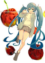  3774. apple aqua_eyes aqua_hair blue_jacket commentary cup disposable_cup drawstring female food fruit grey_skirt half-closed_eyes hatsune_miku highres holding holding_cup hood hoodie jacket leg_up long_hair looking_at_viewer miniskirt open_mouth pleated_skirt skirt solo string_phone twintails very_long_hair vocaloid white_background white_hoodie 