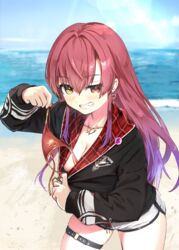  alternate_costume beach black_jacket breasts cleavage commentary cowboy_shot day dolphin_shorts earrings female gradient_hair grin hair_between_eyes heterochromia highres hololive houshou_marine houshou_marine_(summer) jacket jewelry large_breasts long_hair long_sleeves looking_at_viewer multicolored_hair necklace o-ring o-ring_thigh_strap oerba_yun_fang official_alternate_costume outdoors purple_hair red_eyes red_hair shorts sidelocks smile solo teeth thigh_strap uneven_eyes variant_set virtual_youtuber wankosukii yellow_eyes 