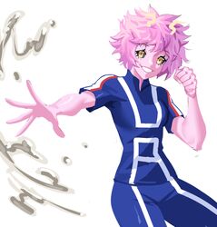  absurdres acid ashido_mina black_sclera boku_no_hero_academia clenched_hand colored_sclera colored_skin daniaeru female highres horns open_hand pink_hair pink_skin short_hair smile solo u.a._gym_uniform uniform white_background yellow_eyes 