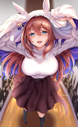  animal_ears belt black_thighhighs blue_eyes blush breasts brown_hair female ghost_costume hair_between_eyes halloween halloween_costume hands_up highres horse_ears horse_girl indoors large_breasts long_hair looking_at_viewer mihono_bourbon_(umamusume) open_mouth perspective rairaisuruyo skirt solo sweater tareme thighhighs umamusume very_long_hair white_sweater 