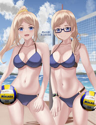  2girls ball beach beach_volleyball bikini blonde_hair blue_bikini blue_eyes blue_sky breasts cleavage cloud cowboy_shot dated day glasses hair_over_shoulder harukana_receive high_ponytail highres holding holding_ball large_breasts long_hair low_ponytail matching_outfits multiple_girls nicoli3141 o-ring o-ring_bikini ocean oerba_yun_fang open_mouth outdoors siblings sisters sky swimsuit thomas_claire thomas_emily twins twitter_username volleyball volleyball_(object) volleyball_net 