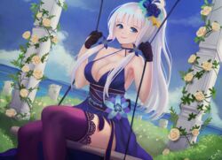  artist_name azur_lane bare_shoulders black_gloves blue_eyes blue_flower breasts c.h.a cleavage clip_studio_paint_(medium) criss-cross_halter dress feet_out_of_frame female flower gloves grass hair_flower hair_ornament half_gloves halter_dress halterneck highres illustrious_(azur_lane) illustrious_(never-ending_tea_party)_(azur_lane) lace-trimmed_legwear lace_trim large_breasts long_hair looking_at_viewer official_alternate_costume outdoors purple_dress purple_thighhighs sitting sleeveless sleeveless_dress smile solo swing thighhighs tri_tails water white_hair yellow_flower 