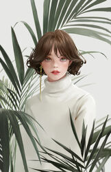  absurdres blush brown_hair commentary earrings english_commentary female green_eyes highres jewelry lipstick lizchief looking_at_viewer makeup original parted_lips realistic short_hair solo sweater turtleneck turtleneck_sweater upper_body white_sweater 