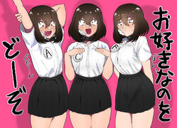  3boys absurdres arm_behind_back arm_behind_head arm_up bandage_on_face bandages bandaid bandaid_on_face bandaid_on_nose black_collar black_eyes black_skirt blush breasts brown_hair closed_mouth collar collared_shirt cowboy_shot crossdressing doumoto_yoshiharu dress_shirt flat_chest hair_between_eyes hands_on_own_chest highres kuraki-san_wa_semetai large_breasts looking_at_breasts looking_at_viewer male_focus medium_breasts miniskirt multiple_boys multiple_persona nose_blush oerba_yun_fang open_mouth otoko_no_ko pink_background pleated_skirt sanpaku school_uniform shirt short_hair short_sleeves skin_fang skirt sweatdrop white_shirt yuzugaeru 