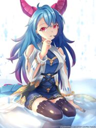  absurdres bare_shoulders blue_dress blue_hair blue_tail breasts dragalia_lost dragon_girl dress female hand_on_own_face highres horns humanoid_mercury_(dragalia_lost) jewelry long_hair long_sleeves multicolored_hair open_mouth purple_horns red_eyes ring ryo-suzuki sitting solo tail thighhighs water watermark white_background 