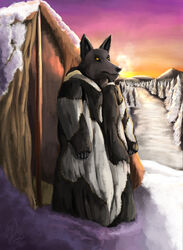  absurd_res anthro anugoran arctic black_body black_fur canid canine canis evergreen_tree freezing_breath fur fur_coat glare_(lighting) grumpy hi_res homebrew jackal landscape male mammal morning mountain oberon_(uncrom) peror pine_tree pink_sky plant secrets_of_uncrom sky snow solo stitch_(sewing) sunrise tent tree tundra uncrom valtalska winter yellow_eyes yenocwolf 