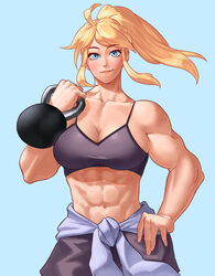  abs absurdres biceps blue_background blue_eyes borrowed_character breasts cleavage clothes_around_waist collarbone commentary commission copyright_request english_commentary exercising facing_viewer female hand_on_own_hip high_ponytail highres kettlebell large_breasts light_smile lips long_hair muscular muscular_female nose obliques original pants ponytail purple_pants purple_sports_bra sidelocks simple_background solo sotcho spaghetti_strap sports_bra sweater sweater_around_waist weightlifting 