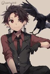  1boy artist_name beige_background bird black_gloves black_necktie black_pants black_vest brown_hair commentary_request crow dress_shirt earrings gloves jewelry kamado_tanjirou kimetsu_no_yaiba long_sleeves looking_to_the_side loose_necktie makura_(makura0128) male_focus necktie pants red_eyes red_shirt scar scar_on_face scar_on_forehead shirt simple_background sitting smile solo tennouji_matsuemon twitter_username vest waistcoat wing_collar 