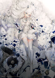  aitsuki_nakuru album_cover blue_flower book breasts cierra_(ra-bit) copyright_name cover covering_own_mouth crown dress female flower frilled_dress frilled_sleeves frills full_body gloves green_eyes hair_between_eyes hair_flaps la_priere long_hair long_sleeves looking_at_viewer lying mask masquerade_mask mini_crown on_back phonograph rose sidelocks small_breasts solo thighhighs utaite white_dress white_flower white_gloves white_hair white_thighhighs 