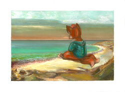  2019 anthro beach biped brown_body canid canine clothed clothing fox fur gouache_(artwork) hair male mammal marredhen mood painting_(artwork) seaside sitting sky solo sweater topwear traditional_media_(artwork) 