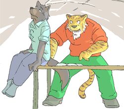  2005 anthro archived_source biped bottomwear canid canine canis clothing domestic_dog duo felid gombee humanoid_hands kemono low_res male mammal pantherine pants shirt sitting tiger topwear 