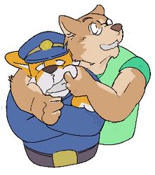  2005 anthro archived_source brown_body brown_fur canid canine canis clothing domestic_dog duo fur gombee hat headgear headwear hug kemono low_res male mammal police police_hat police_uniform shirt simple_background topwear uniform white_background 