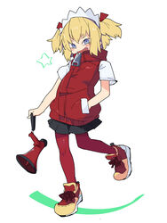  blonde_hair blue_eyes blush cookie_(touhou) female full_body hand_in_pocket highres holding holding_megaphone jacket looking_at_viewer megaphone open_mouth pantyhose red_footwear red_jacket red_pantyhose shiriri_saikyo shirt shoes short_hair short_sleeves simple_background sleeveless sleeveless_jacket smile sneakers solo star_(symbol) sunny_milk tomatojam touhou two-tone_footwear two_side_up white_background white_shirt yellow_footwear zipper 