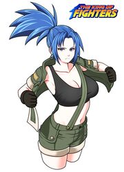  black_tank_top blue_eyes blue_hair breasts commentary crop_top cropped_legs earrings english_text eron female gloves green_jacket green_shorts high_ponytail highres jacket jewelry leona_heidern logo looking_at_viewer midriff navel open_clothes open_jacket ponytail serious short_shorts shorts soldier solo tank_top the_king_of_fighters white_background 