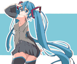  3774. angry aqua_eyes aqua_hair aqua_necktie bare_shoulders black_skirt black_sleeves black_thighhighs commentary cowboy_shot detached_sleeves female from_behind frown grey_shirt hair_ornament hand_up hatsune_miku long_hair looking_at_viewer looking_back miniskirt necktie pleated_skirt shirt shoulder_tattoo skirt sleeveless sleeveless_shirt solo sweat tattoo thighhighs twintails v-shaped_eyebrows very_long_hair vocaloid white_background zettai_ryouiki 