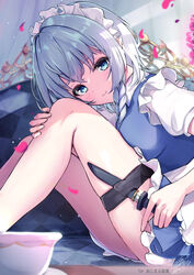  absurdres apron ass bad_id bad_pixiv_id blue_dress blue_eyes blush braid closed_mouth collared_shirt cup dress female grey_hair hair_between_eyes highres izayoi_sakuya knife knife_sheath long_hair maid maid_apron maid_headdress niko_kusa petals sheath shirt short_sleeves signature smile solo touhou twin_braids weapon_in_garters white_apron white_shirt 