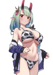  :o absurdres akari_(baffu) animal_print baffu bare_hips bare_shoulders bikini breasts broken_horn cleavage commentary_request cow_print cow_print_bikini female green_hair hair_ornament highres horns jacket jacket_partially_removed large_breasts looking_at_viewer oni oni_horns original partially_undressed plump pointy_ears print_bikini red_eyes red_horns simple_background solo swimsuit thick_thighs thighhighs thighs underboob unworn_clothes white_background 