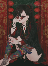  absurdres bare_legs bird_tattoo black_hair black_jacket bracelet brown_eyes chinese_clothes cigarette closed_mouth commentary_request curtains earrings female fenghuang foot_out_of_frame hand_up high_ponytail highres holding holding_cigarette indoors jacket jewelry lantern leg_tattoo long_hair long_sleeves looking_at_viewer looking_over_eyewear nail_polish necklace no_pants original paper_lantern pearl_necklace ponytail red-tinted_eyewear ring round_eyewear signature sitting smoke smoking solo straight_hair sunglasses tangzhuang tattoo tinted_eyewear ushiyama_ame 