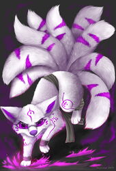  2019 9_tails ambiguous_gender ankle_band asian_mythology canid canine colored_fire east_asian_mythology etis feral fire fox fox_spirit fur hi_res mammal markings multi_tail mythology purple_eyes purple_fire sash simple_background skykristal solo tail white_body white_fur 