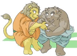  2005 anthro archived_source bear brown_body brown_fur clothing duo felid fur gombee kemono lion male mammal overweight overweight_male pantherine robe sitting 