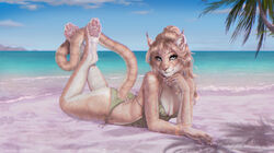  2019 4_toes 5_fingers anthro arms_bent beach bent_legs bikini calves_up clothing crossed_ankles day detailed_background etskuni eyebrows eyelashes feet felid female fingers fur green_eyes hair looking_at_viewer lying mammal on_front outside pantherine pawpads pink_pawpads raised_calf sand seaside shoreline sky smile solo striped_body striped_fur stripes swimwear tan_body tan_fur tan_hair tiger toes water 