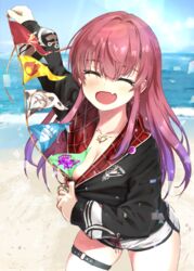  :d ^_^ alternate_costume bait_and_switch beach black_jacket breasts cleavage closed_eyes commentary cowboy_shot day dolphin_shorts earrings facing_viewer female gradient_hair hair_between_eyes highres hololive houshou_marine houshou_marine_(summer) jacket jewelry large_breasts long_hair long_sleeves multicolored_hair necklace o-ring o-ring_thigh_strap oerba_yun_fang official_alternate_costume outdoors purple_hair red_hair shorts sidelocks skin_fang smile solo string_of_flags thigh_strap variant_set virtual_youtuber wankosukii 