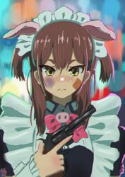  akiba_maid_sensou animal_ears bandaid brown_hair bruise bruise_on_face closed_mouth fake_animal_ears female gun handgun highres injury long_hair looking_at_viewer maid maid_headdress pig_ears revolver solo tears treepxiv trigger_discipline two_side_up upper_body wahira_nagomi weapon yellow_eyes 