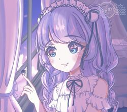  amiya_aranha amiya_aranha_(1st_costume) blush braid bug clothing_cutout cloud copyright_name curtains dress english_commentary female hairband highres logo lolita_hairband matsuro_meru_(artist) night night_sky portrait purple_hair shoulder_cutout side_braid sky smile solo spider tsunderia two_side_up virtual_youtuber watermark white_dress window 