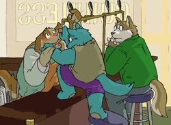  2004 angry anthro apron archived_source blue_body blue_fur bottomwear brown_body brown_fur canid canine canis clothing detailed_background domestic_dog fur gombee group humanoid_hands kemono male mammal pants shirt shorts sitting text topwear 