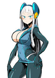  blue_dress blue_eyes blush bodysuit breasts cleavage closed_mouth collarbone commentary_request covered_navel dress electro_emilia female hand_on_own_hip headgear highleg highleg_panties ken_(koala) large_breasts long_hair looking_at_viewer neon_trim original pale_skin panties panties_over_pantyhose pantyhose shiny_clothes short_dress skin_tight solo underwear white_background white_hair white_panties 