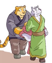  2005 anthro archived_source biped bottomwear canid canine clothing duo felid gombee humanoid_hands kemono low_res male mammal pantherine pants robe simple_background tiger 