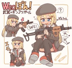  :&lt; ? absurdres akmsu ammunition arrow_(symbol) assault_rifle beret black_footwear black_headwear black_jacket black_thighhighs blonde_hair blue_eyes blush bocchi-ya-nawi border brown_border closed_mouth cocking_gun collared_shirt colored_shoe_soles commentary cropped_torso english_commentary female flying_sweatdrops folding_stock food-themed_hair_ornament foregrip full_body gun hair_between_eyes hair_ornament hairclip hat highres holding holding_gun holding_weapon hood hood_down hooded_jacket inset_border jacket kalashnikov_rifle knee_mortar long_hair low_twintails mixed-language_commentary mortar_(weapon) multicolored_footwear multiple_views necktie on_one_knee open_clothes open_jacket open_mouth orange_hair_ornament original pleated_skirt pun red_footwear red_necktie red_skirt rifle rifle_cartridge shirt shoe_soles shoes simple_background sitting skirt spoken_question_mark sweat thighhighs translated twintails upper_body very_long_hair weapon white_background white_footwear x 