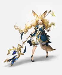  ahoge animal_ear_fluff animal_ears bad_id bangle black_footwear blonde_hair blue_dress blue_eyes bracelet braid breasts bug butterfly dress facing_viewer fantasy female fox_ears fox_tail full_body gold_trim highres holding holding_staff jewelry lizchief open_mouth original puffy_pants simple_background small_breasts solo staff standing tail twin_braids two_side_up white_background wizard wrist_cuffs yellow_butterfly 