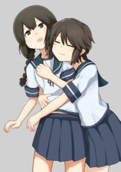  2girls black_eyes black_hair blue_skirt braid brown_hair closed_eyes commentary_request cowboy_shot grey_background hair_between_eyes highres hug isonami_(kancolle) kantai_collection long_hair looking_up midriff_peek miyuki_(kancolle) multiple_girls pleated_skirt sailor_collar school_uniform serafuku shirt short_hair short_sleeves sidelocks simple_background skirt white_shirt yotubawatane 