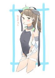  absurdres alternate_hairstyle aqua_hat arms_behind_back bare_shoulders black_one-piece_swimsuit blush brown_eyes brown_hair co_botan collarbone competition_swimsuit cosplay covered_navel cowboy_shot cropped_legs earphones female flat_chest garrison_cap gloves hair_ornament hat highleg highleg_swimsuit highres kantai_collection long_hair looking_at_viewer mouth_hold one-piece_swimsuit open_fly ryuujou_(kancolle) scamp_(kancolle) scamp_(kancolle)_(cosplay) short_shorts shorts side_ponytail sleeveless solo star_(symbol) star_hair_ornament swimsuit translation_request white_background white_gloves white_shorts 