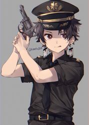  1boy :q arms_up artist_name black_hat black_necktie black_pants black_shirt brown_hair commentary_request dress_shirt earrings epaulettes grey_background gun handgun hat holding holding_gun holding_weapon jewelry kamado_tanjirou kimetsu_no_yaiba looking_to_the_side makura_(makura0128) male_focus necktie pants peaked_cap red_eyes revolver shirt simple_background solo tongue tongue_out twitter_username uniform upper_body weapon wing_collar 