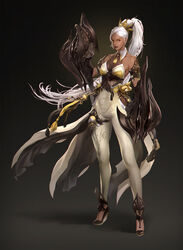  absurdres bad_artstation_id bad_id dress fantasy female full_body gauntlets gold_trim gradient_background grey_background hair_ornament high_ponytail highres lizchief long_hair looking_at_viewer original simple_background solo standing tree_print very_long_hair white_dress white_hair yellow_eyes 