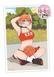  2girls alternate_hair_length alternate_hairstyle armpits arms_behind_head ball basketball_(object) basketball_uniform chibi choker commentary crmanzana crop_top grin highres hololive hololive_english indian_style looking_at_viewer midriff mori_calliope multiple_girls orange_hair photo_(object) pink_hair rebecca_chambers resident_evil resident_evil_2 shoes short_hair sitting smile sneakers sportswear symbol-only_commentary takanashi_kiara virtual_youtuber 