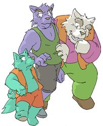  2005 anthro archived_source blue_body blue_fur bottomwear canid canine canis clothing domestic_dog eyewear fur glasses gombee grey_body grey_fur group kemono male mammal pants purple_body purple_fur shirt shorts simple_background topwear white_background 