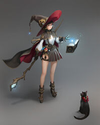  absurdres black_cape black_cat black_footwear black_gloves black_hair black_hat black_skirt book bow braid cape earrings fantasy feline female glasses gloves gold_trim grey_background hat highres holding holding_staff jewelry lizchief magic open_book original pleated_skirt potion red_bow simple_background skirt solo staff standing thigh_strap witch witch_hat 