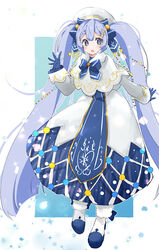  3774. :o bass_clef beret blue_bow blue_eyes blue_gloves blue_hair blue_tabard boots bow bowtie braid capelet commentary dress eighth_note female full_body fur-trimmed_boots fur-trimmed_capelet fur_trim gloves gold_trim hair_ornament hairbow hand_up hat hatsune_miku highres light_blue_hair light_bulb_hair_ornament long_hair looking_at_viewer musical_note musical_note_hair_ornament open_mouth snowflake_print solo standing string_of_light_bulbs tabard treble_clef twintails very_long_hair vocaloid white_background white_capelet white_dress white_footwear white_hat yuki_miku yuki_miku_(2021) 