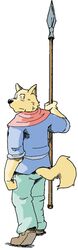  2007 anthro archived_source bottomwear brown_body brown_fur canid canine canis clothing domestic_dog fur gombee humanoid_hands kemono male mammal pants shirt simple_background solo topwear weapon white_background 