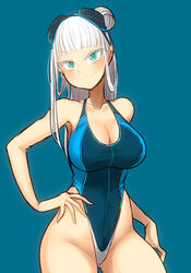  ass_visible_through_thighs bare_arms bare_shoulders blue_background blush breasts cleavage collarbone commentary_request competition_swimsuit cowboy_shot electro_emilia female goggles goggles_on_head green_eyes hair_bun hand_on_own_hip head_tilt highleg highleg_swimsuit ken_(koala) large_breasts long_hair looking_at_viewer one-piece_swimsuit original pale_skin simple_background single_hair_bun smile solo swimsuit thighs white_hair 