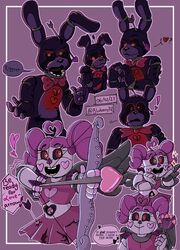  ! &lt;/3 &lt;3_cheeks &lt;3_eyes ... 2021 :d ? aiming aiming_weapon animatronic anthro big_ears big_hair black_heart_bonnie_(fnaf) bluberry712 blush bodily_fluids bonnie_(fnaf) bottomwear bow_(weapon) bow_tie circus_baby_(fnaf) clothing clown cowlick cracked_face dialogue duo eyelashes fan_(disambiguation) feathers female five_nights_at_freddy&#039;s five_nights_at_freddy&#039;s_ar gesture grey_body grey_feathers grey_wings hair half-closed_eyes hand_heart hand_on_face hand_on_head happy heart heartsick_baby_(fnaf) hi_res holidays humanoid lagomorph leporid long_ears long_hair looking_aside looking_away looking_down looking_up machine male mammal multicolored_body narrowed_eyes open_mouth pink_body pseudo_clothing purple_background purple_body purple_hair rabbit raised_arm ranged_weapon red_body red_eyes robot shirt shy simple_background skirt smile sparkles speech_bubble standing sweat teeth topwear torn_arm torn_body torn_face twintails two_tone_body valentine&#039;s_day video_games weapon wings 