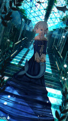  absurdres advarcher arms_behind_back bare_shoulders blue_dress blue_eyes blue_hair blunt_bangs breasts ceiling chromatic_aberration commentary dress dutch_angle female film_grain fins fish fish_tail foliage formal from_behind gawr_gura glass_ceiling gown hair_ornament highres hololive hololive_english indoors light_smile long_hair long_sleeves looking_at_viewer looking_back looking_down multicolored_hair off-shoulder_dress off_shoulder on_stairs own_hands_together plant ribbon ribbon-trimmed_dress ruins scenery shadow shark shark_girl shark_hair_ornament shark_tail skylight skylight_(architecture) small_breasts smile solo standing streaked_hair tail train_(clothing) two-tone_hair two_side_up underwater v_arms vines virtual_youtuber white_hair white_ribbon 