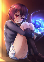  absurdres ball black_socks black_sweater brown_footwear cargo_(pixiv27244088) collared_shirt commentary_request crossed_bangs female hair_between_eyes hair_ornament highres holding holding_ball hugging_own_legs kneehighs light loafers long_sleeves looking_at_viewer magic miniskirt mole mole_under_eye open_mouth pleated_skirt princess_connect! print_socks purple_hair red_eyes school_uniform shinobu_(princess_connect!) shirt shoes short_hair sitting skirt skull_hair_ornament skull_print socks solo sweater thighs white_skirt wing_collar 